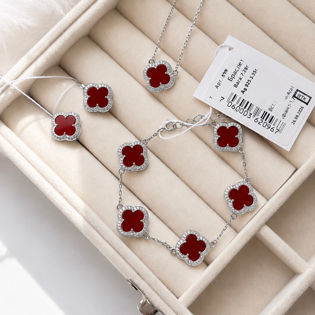 925 Sterling Silver Red Agate Clover Bracelet with CZ| Срібний браслет з червоним агатом та фіанітами|467