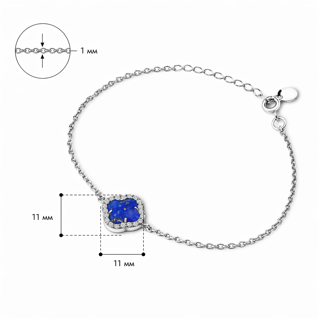 Blue Lapis Clover Bracelet in 925 Sterling Silver | Срібний браслет Конюшина з натуральним лазуритом |2098.3