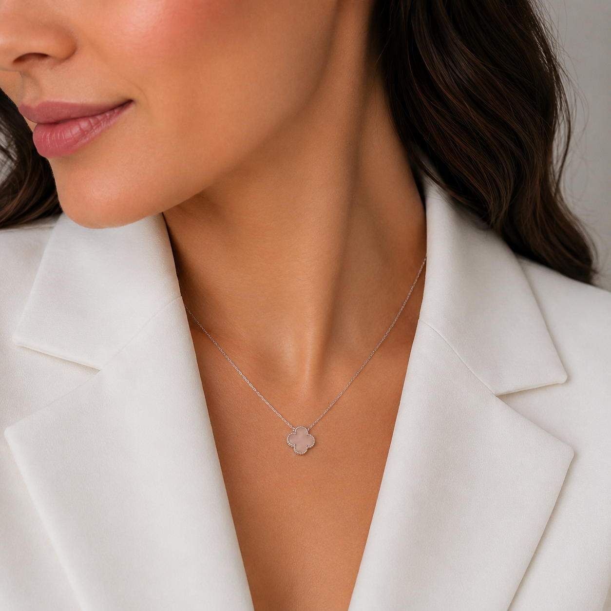 Rose Quartz Clover Jewelry Set | 925 Sterling Silver Luxury Jewelry — Срібний комплект з кварцом |049