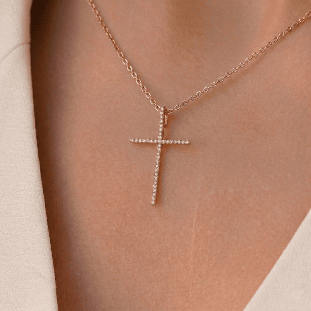 Золотий хрестик з фіанітами | Gold Cross Pendant | Золото 585 | 14K Gold Cross |5244