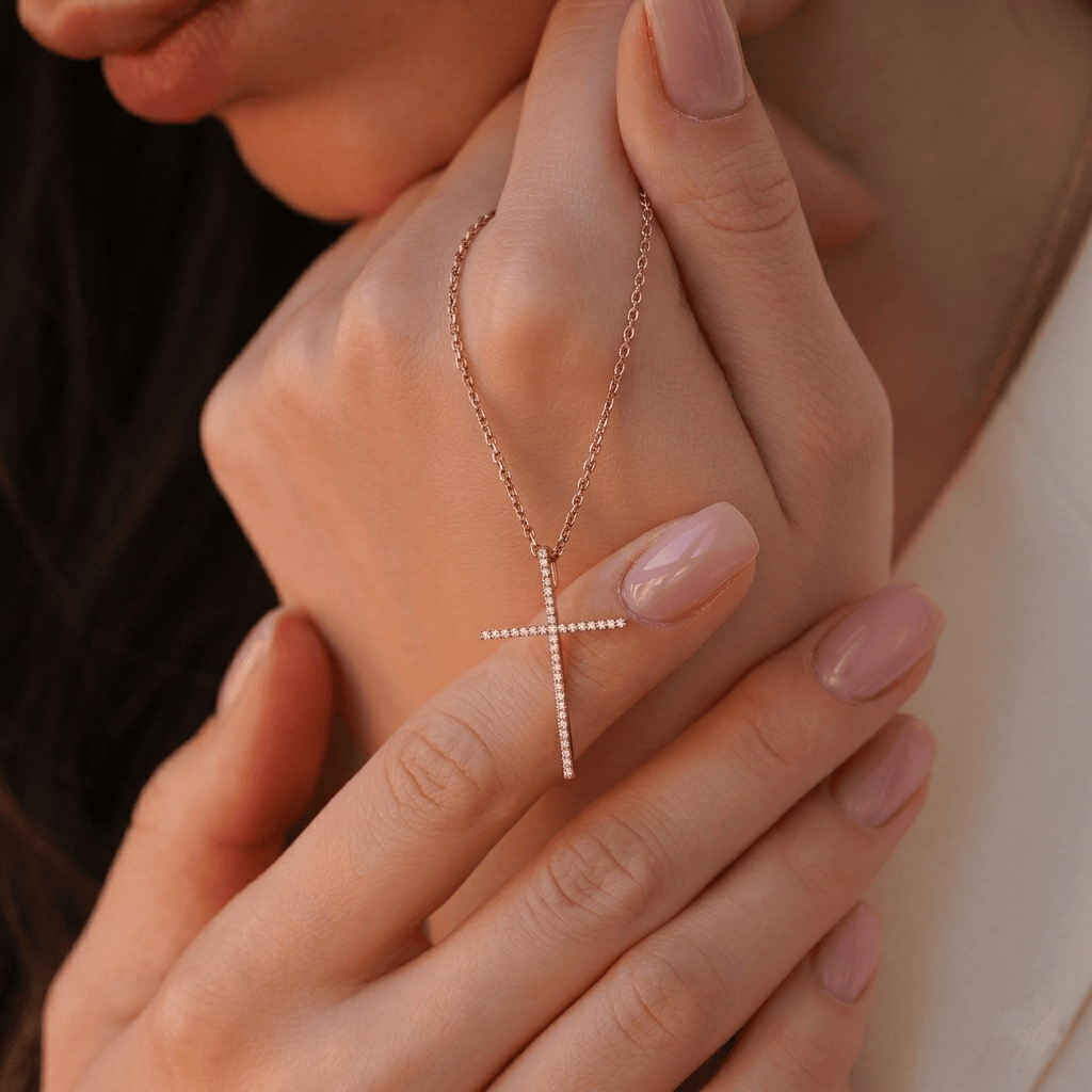 Золотий хрестик з фіанітами | Gold Cross Pendant | Золото 585 | 14K Gold Cross |5244