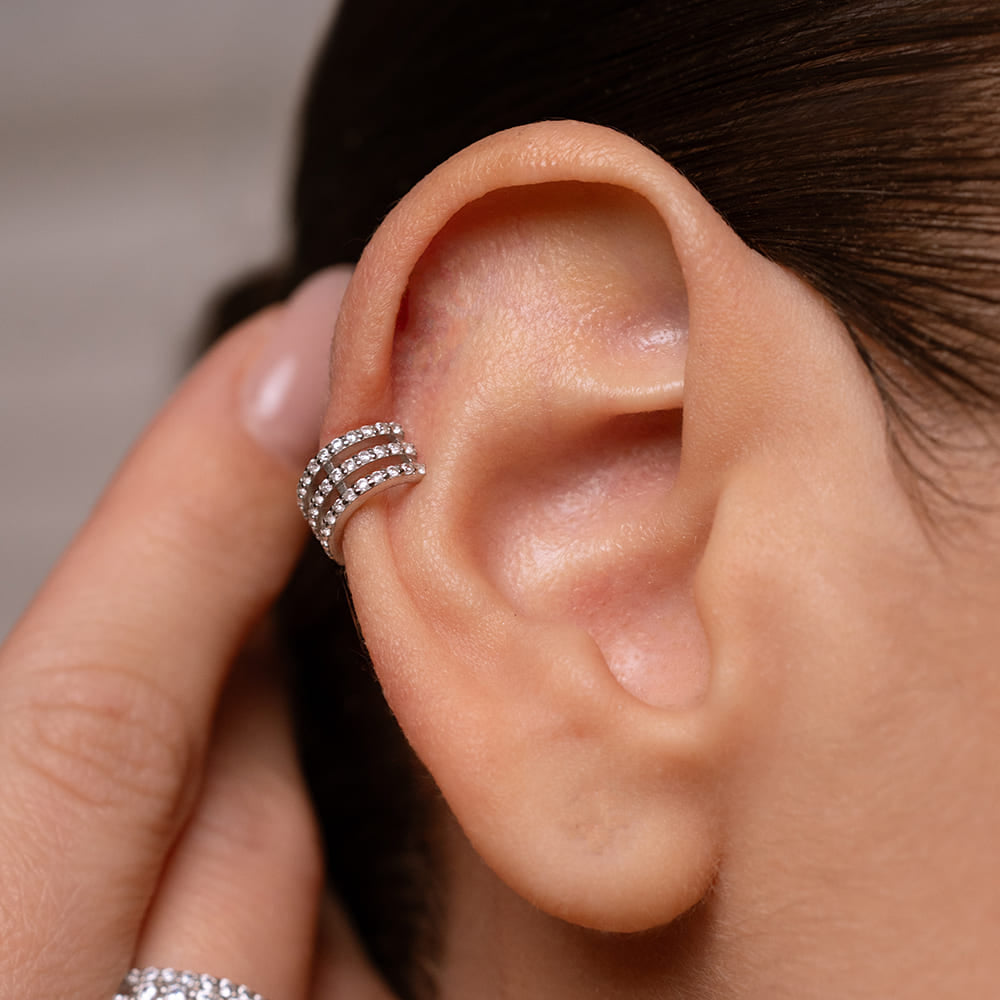 Срібний кафф 925 з фіанітами | Luxury Triple Silver Ear Cuff 925 with Zirconia|40097