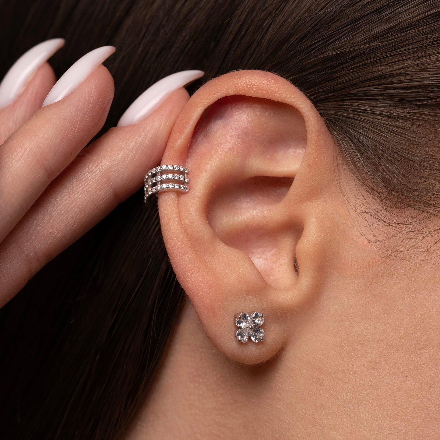 Срібний кафф 925 з фіанітами | Luxury Triple Silver Ear Cuff 925 with Zirconia|40097