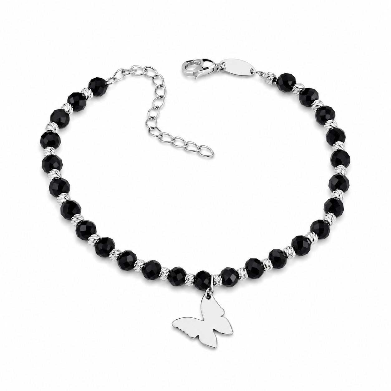 Silver Butterfly Bracelet with Black Beads | Срібний браслет Метелик з чорними намистинами|822