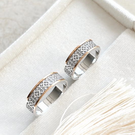 Rhodium-Plated 925 Sterling Silver Vyshyvanka Ring with 375 Gold|Срібна каблучка Вишиванка з родієвим покриттям та золотими пластинками 375 пр|623