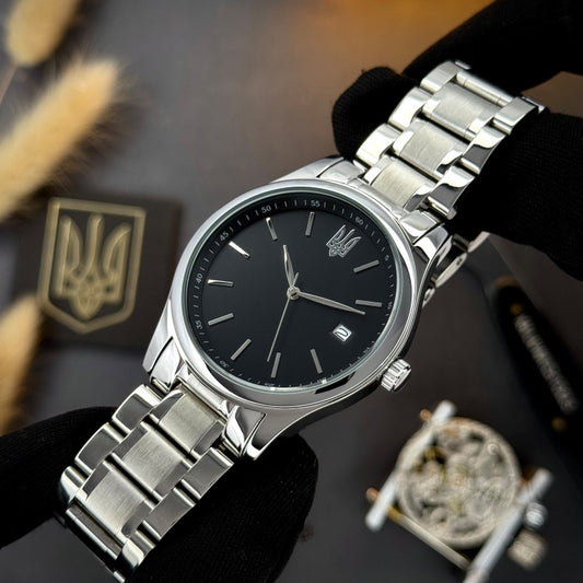 Men’s Ukrainian Tryzub Watch – Black Dial & Silver-Tone Bracelet| Чоловічий годинник із українським тризубом|023