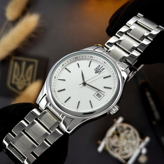 Men’s Ukrainian Tryzub Watch – White Dial & Silver-Tone Bracelet| Чоловічий годинник із тризубом білий циферблат|023