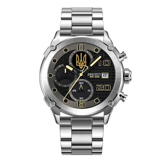 Men’s Ukrainian Tryzub Watch Silver-Tone Bracelet| Чоловічий годинник із тризубом сріблястий браслет і золотисті акценти|
