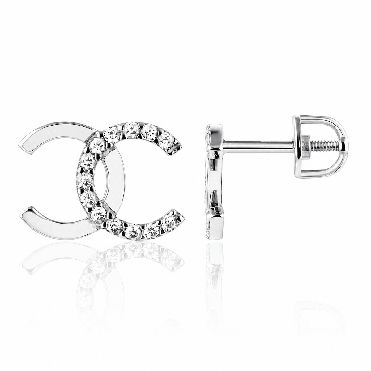 Rhodium-Plated 925 Sterling Silver CZ Screw-Back Earrings| Срібні сережки з фіанітами та застібкою-закруткою|40071