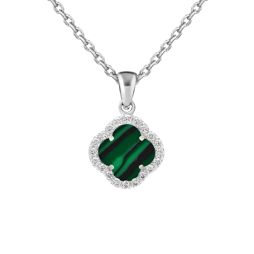 925 Sterling Silver Malachite Clover Earrings & Pendant|Срібний комплект з малахітом та фіанітами|40082