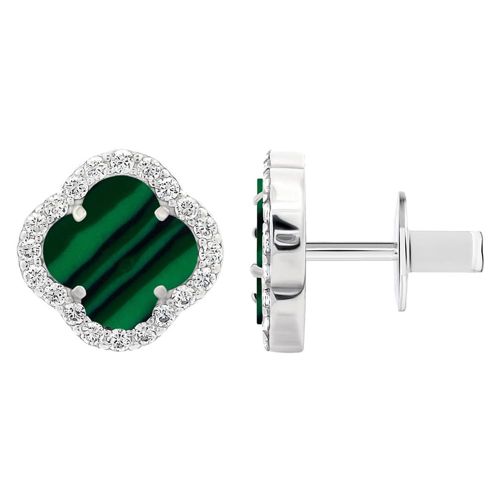 925 Sterling Silver Malachite Clover Earrings & Pendant|Срібний комплект з малахітом та фіанітами|40082